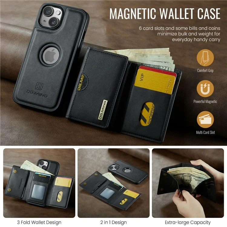 DG.MING M6 Series For iPhone 13 Case Magnetic Wallet PU+PC+TPU Phone Cover - Black