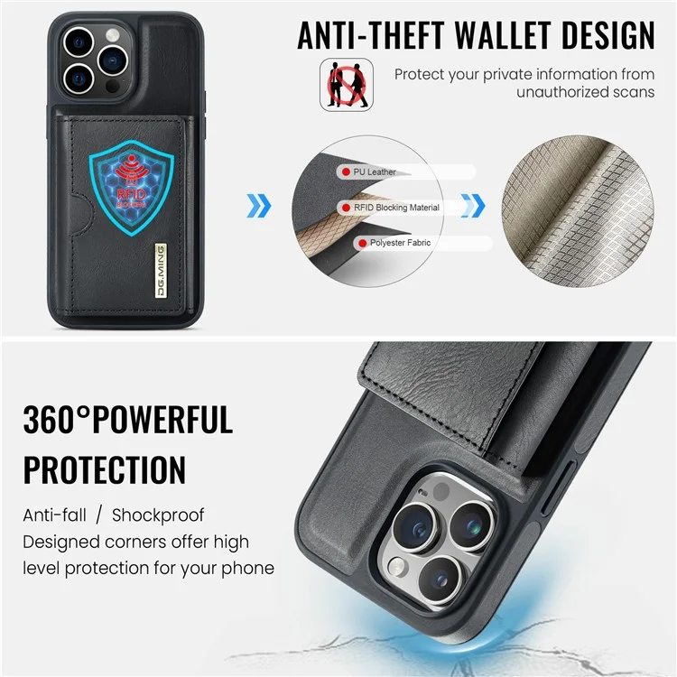 Capa para iPhone 13 Pro da série DG.MING M6, carteira magnética de PU+PC+TPU - Preta