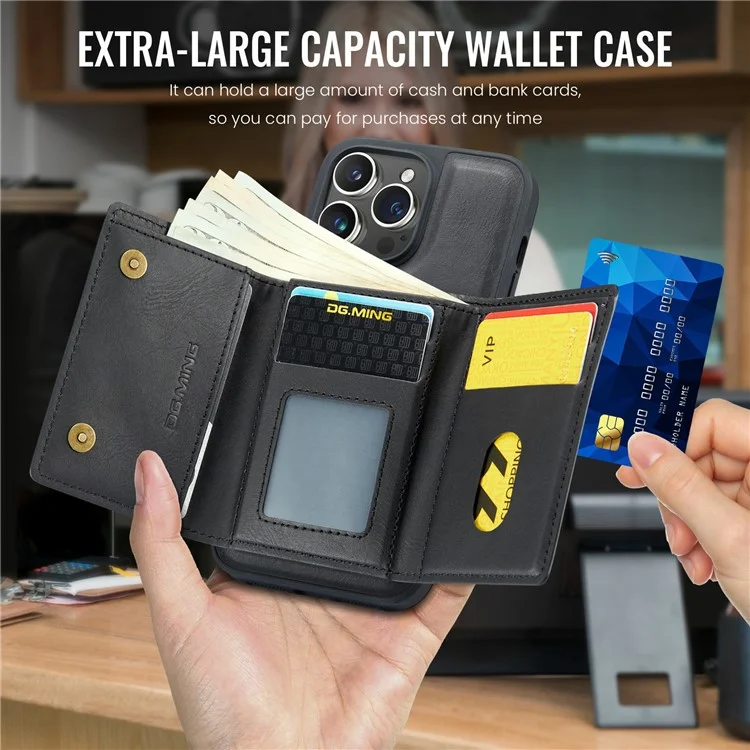 Funda para iPhone 13 Pro Max de la serie DG.MING M6 con cartera magnética de PU+PC+TPU - Negro
