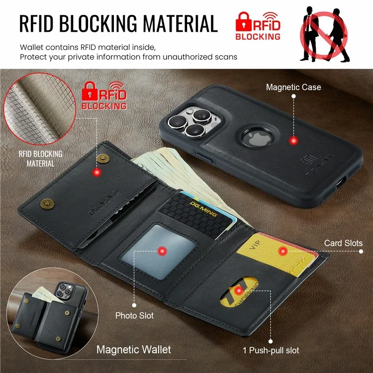 Funda para iPhone 13 Pro Max de la serie DG.MING M6 con cartera magnética de PU+PC+TPU - Negro