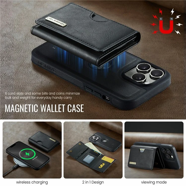 Funda para iPhone 13 Pro Max de la serie DG.MING M6 con cartera magnética de PU+PC+TPU - Negro
