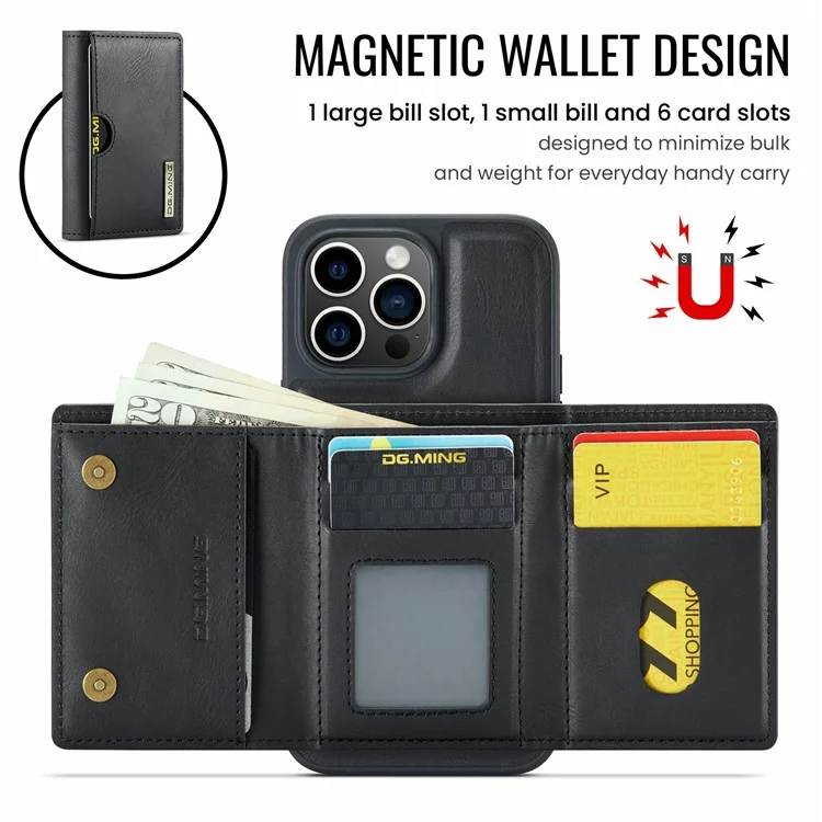 Funda para iPhone 13 Pro Max de la serie DG.MING M6 con cartera magnética de PU+PC+TPU - Negro