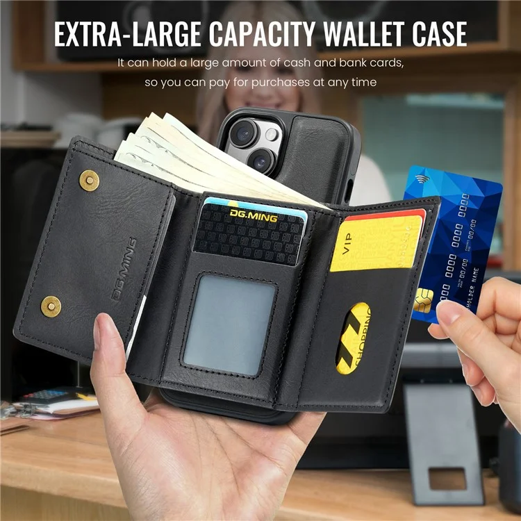 DG.MING M6 Serie für iPhone 14 Plus Hülle Magnetische Geldbörse PU+PC+TPU Handyhülle - Schwarz