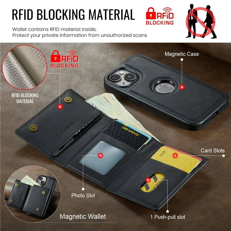 DG.MING M6 Serie für iPhone 14 Plus Hülle Magnetische Geldbörse PU+PC+TPU Handyhülle - Schwarz