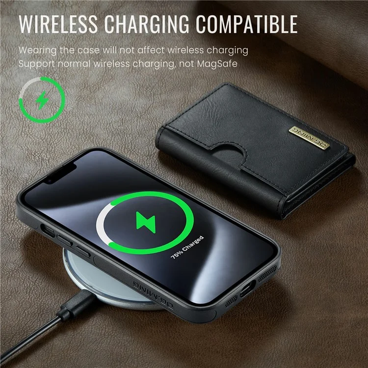 DG.MING M6 Serie für iPhone 14 Plus Hülle Magnetische Geldbörse PU+PC+TPU Handyhülle - Schwarz