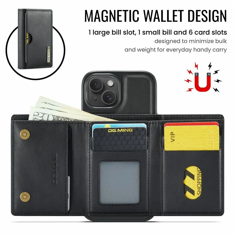 DG.MING M6 Serie für iPhone 14 Plus Hülle Magnetische Geldbörse PU+PC+TPU Handyhülle - Schwarz