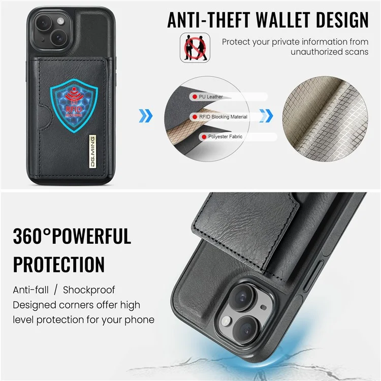 DG.MING M6 Serie für iPhone 14 Plus Hülle Magnetische Geldbörse PU+PC+TPU Handyhülle - Schwarz