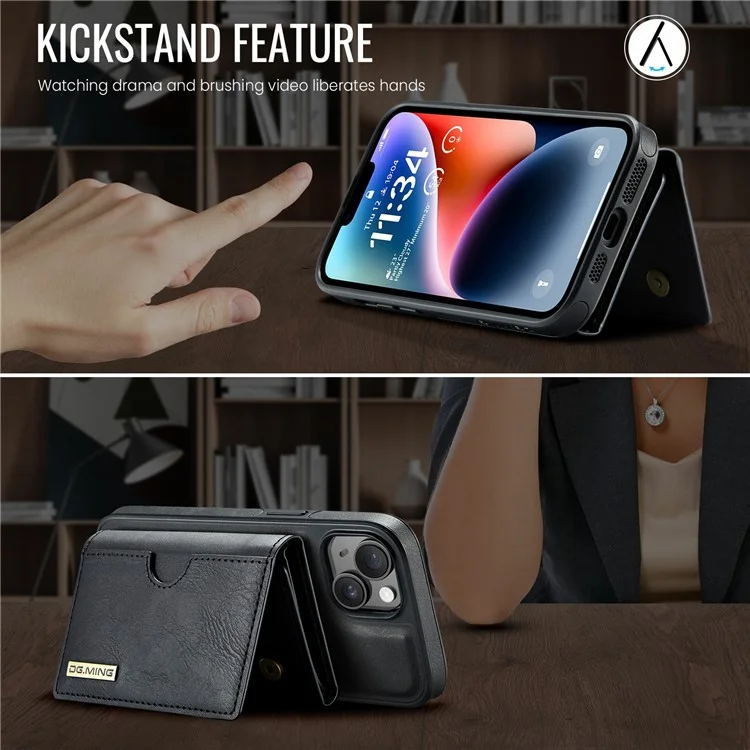 DG.MING M6 Serie für iPhone 14 Plus Hülle Magnetische Geldbörse PU+PC+TPU Handyhülle - Schwarz