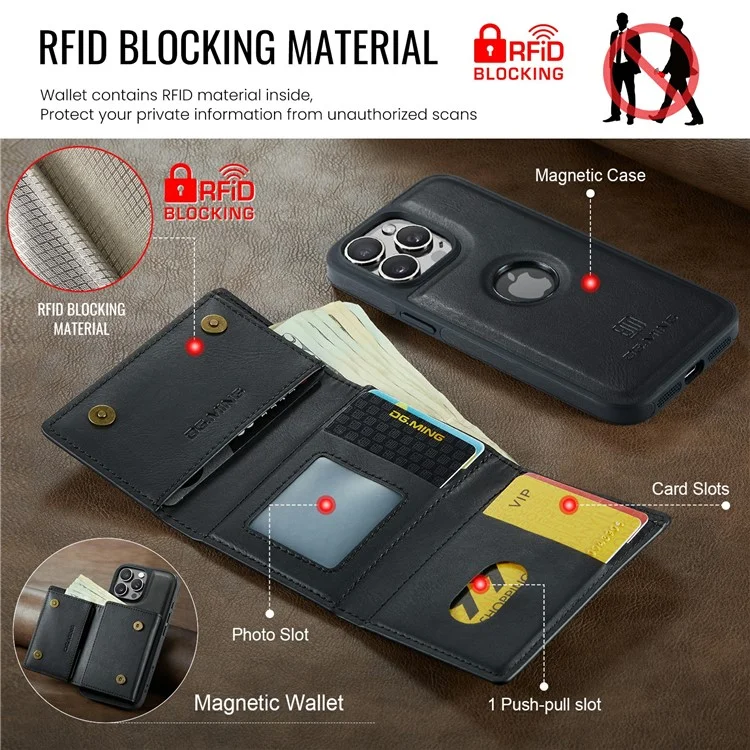 DG.MING M6 Serie für iPhone 14 Pro Hülle Magnetische Geldbörse PU+PC+TPU Handyhülle - Schwarz