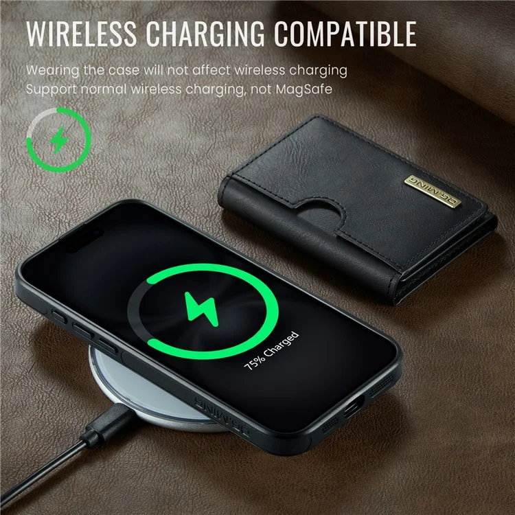 DG.MING M6 Serie für iPhone 14 Pro Hülle Magnetische Geldbörse PU+PC+TPU Handyhülle - Schwarz