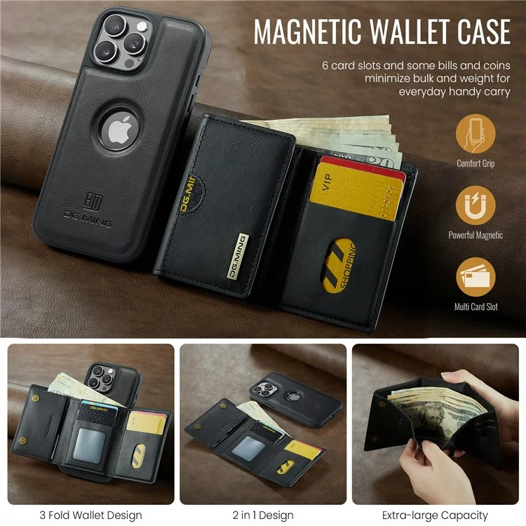 DG.MING M6 Serie für iPhone 14 Pro Hülle Magnetische Geldbörse PU+PC+TPU Handyhülle - Schwarz