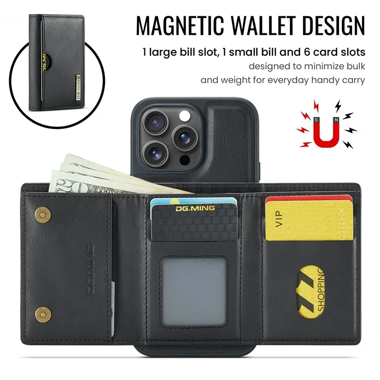 DG.MING M6 Serie für iPhone 14 Pro Hülle Magnetische Geldbörse PU+PC+TPU Handyhülle - Schwarz