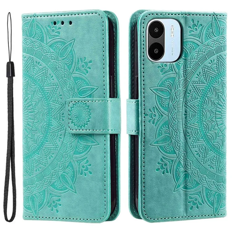 Capa de Telefone Celular para Xiaomi Redmi A1 4G, Padrão de Flor de Mandala Impresso em Couro PU Capa Carteira Flip Suporte Shell do Telefone - Verde