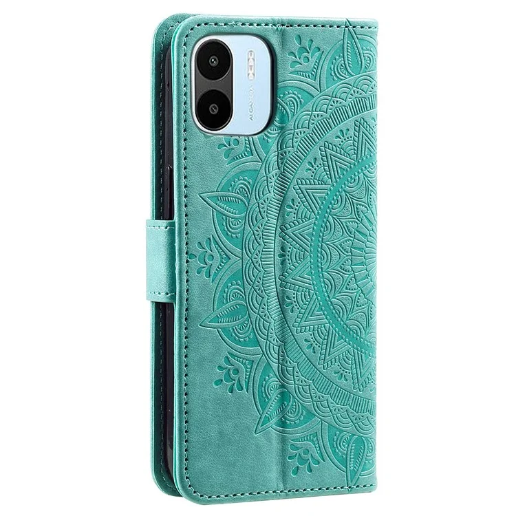 Capa de Telefone Celular para Xiaomi Redmi A1 4G, Padrão de Flor de Mandala Impresso em Couro PU Capa Carteira Flip Suporte Shell do Telefone - Verde