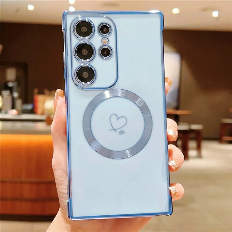Für Samsung Galaxy S25 Ultra Hülle kompatibel mit MagSafe Elektroplattierter TPU Handyhülle Hohle Liebesherzen - Blau