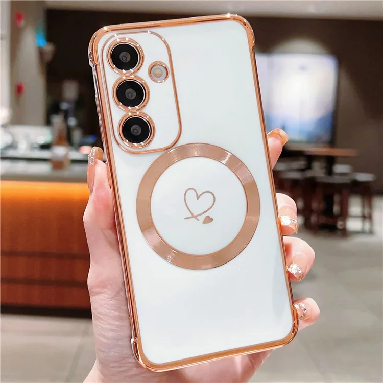 Étui pour Samsung Galaxy S25+ compatible avec MagSafe, avec revêtement en TPU électrolytique et motif de cœurs creux - Blanc ivoire