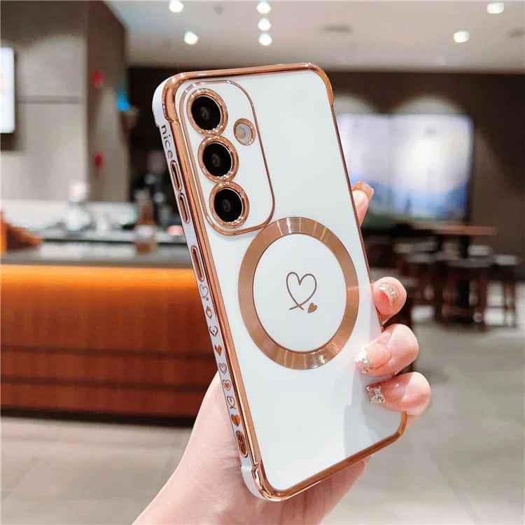 Étui pour Samsung Galaxy S25+ compatible avec MagSafe, avec revêtement en TPU électrolytique et motif de cœurs creux - Blanc ivoire