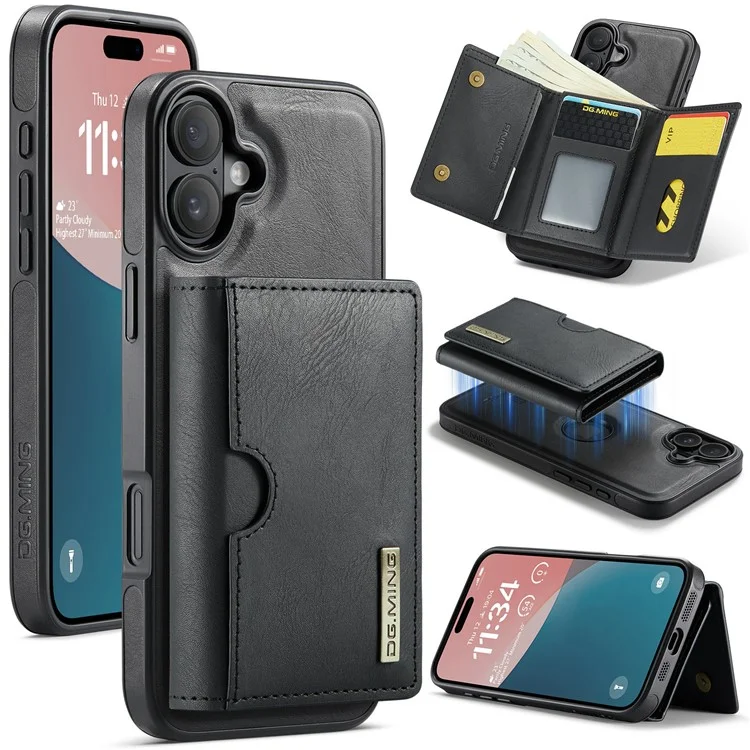 Funda para iPhone 16 Plus de la serie DG.MING M6, billetera magnética de PU+PC+TPU - Negro