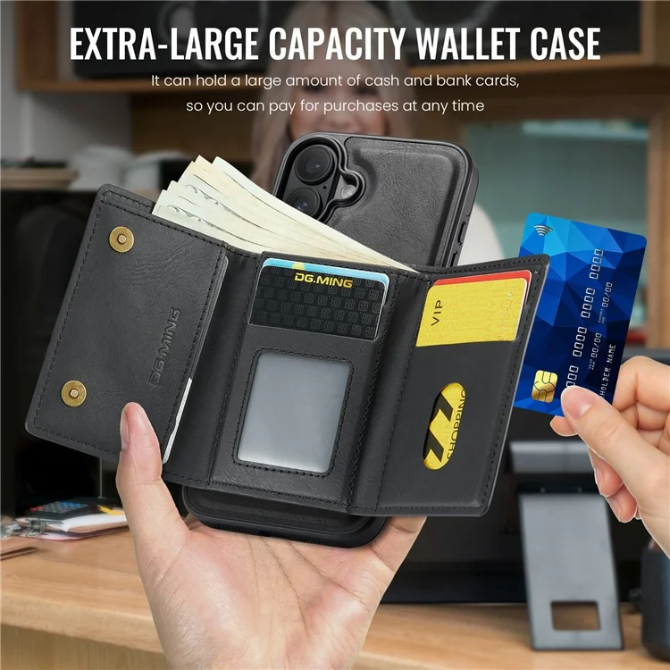 Funda para iPhone 16 Plus de la serie DG.MING M6, billetera magnética de PU+PC+TPU - Negro