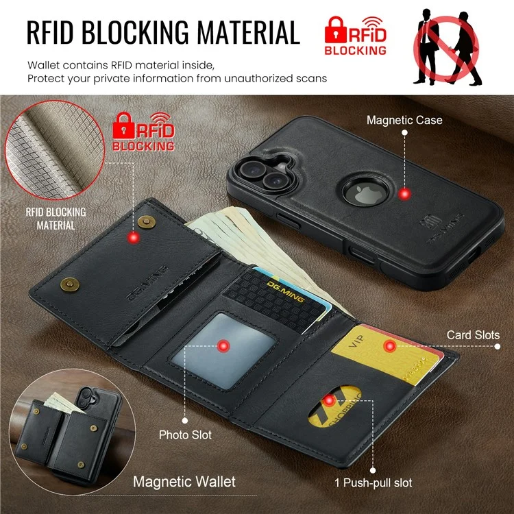 Funda para iPhone 16 Plus de la serie DG.MING M6, billetera magnética de PU+PC+TPU - Negro