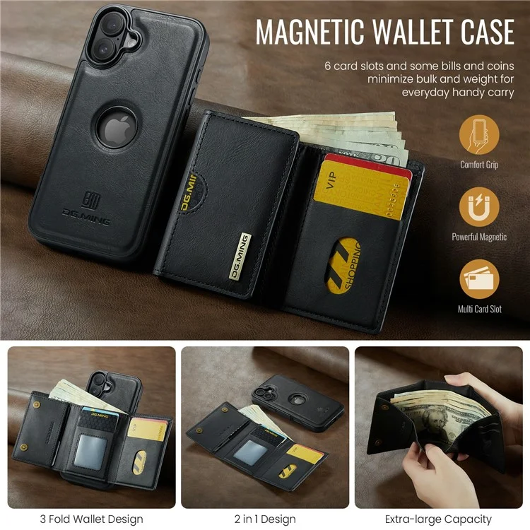 Funda para iPhone 16 Plus de la serie DG.MING M6, billetera magnética de PU+PC+TPU - Negro