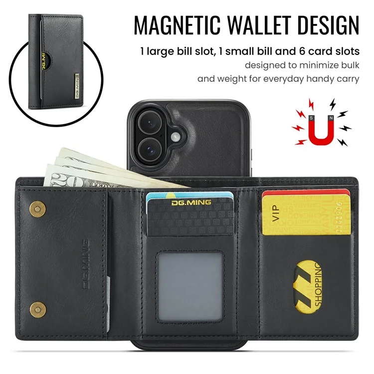 Funda para iPhone 16 Plus de la serie DG.MING M6, billetera magnética de PU+PC+TPU - Negro