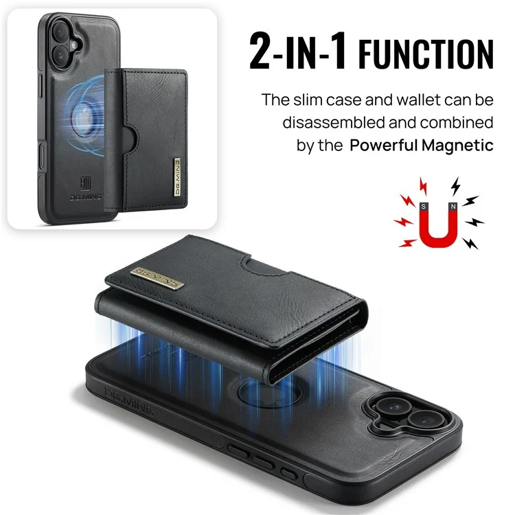 Funda para iPhone 16 Plus de la serie DG.MING M6, billetera magnética de PU+PC+TPU - Negro