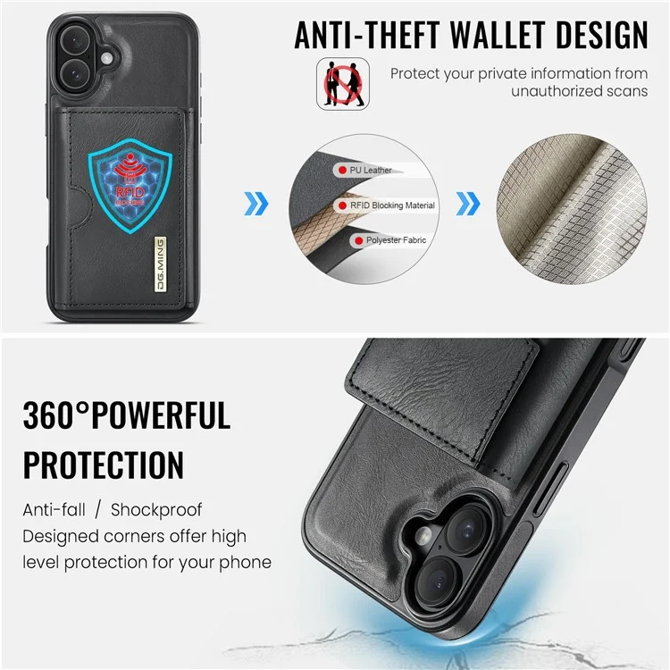 Funda para iPhone 16 Plus de la serie DG.MING M6, billetera magnética de PU+PC+TPU - Negro