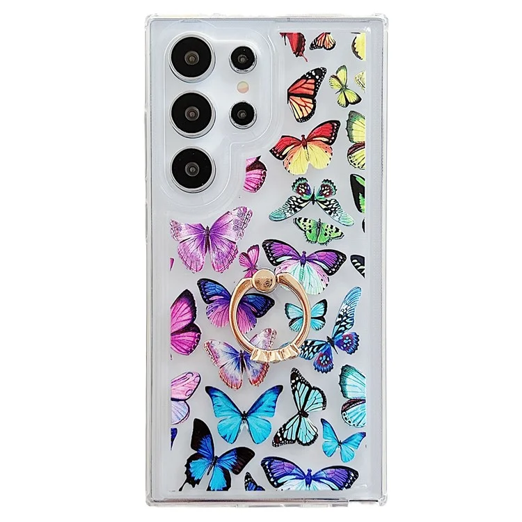 Coque pour Samsung Galaxy S25 Ultra avec bague, support et motif TPU avec airbag - Papillons colorés