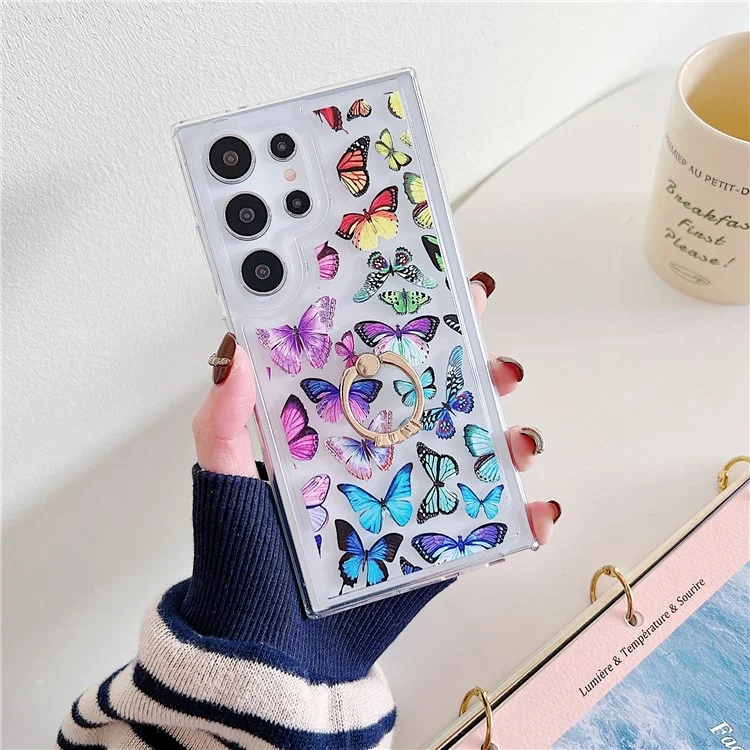 Coque pour Samsung Galaxy S25 Ultra avec bague, support et motif TPU avec airbag - Papillons colorés