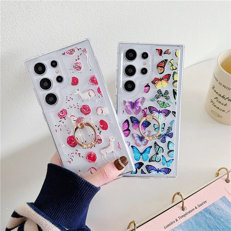 Coque pour Samsung Galaxy S25 Ultra avec bague, support et motif TPU avec airbag - Papillons colorés