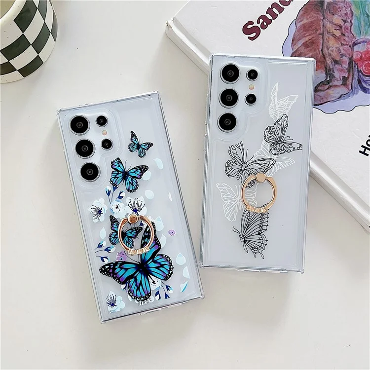 Coque pour Samsung Galaxy S25 Ultra avec bague, support et motif TPU avec airbag - Papillons colorés
