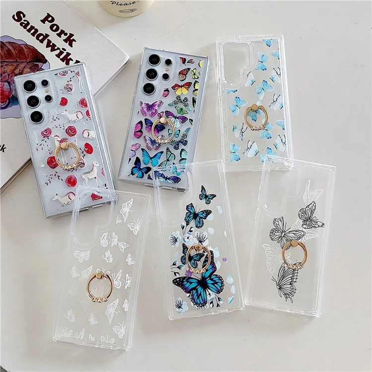 Coque pour Samsung Galaxy S25 Ultra avec bague, support et motif TPU avec airbag - Papillons colorés