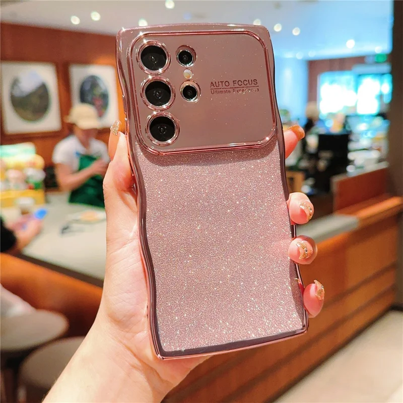 For Samsung Galaxy S25 Ultra Case Electroplating Curly Frame TPU Glitter Phone Cover Large Window - Rose Pink