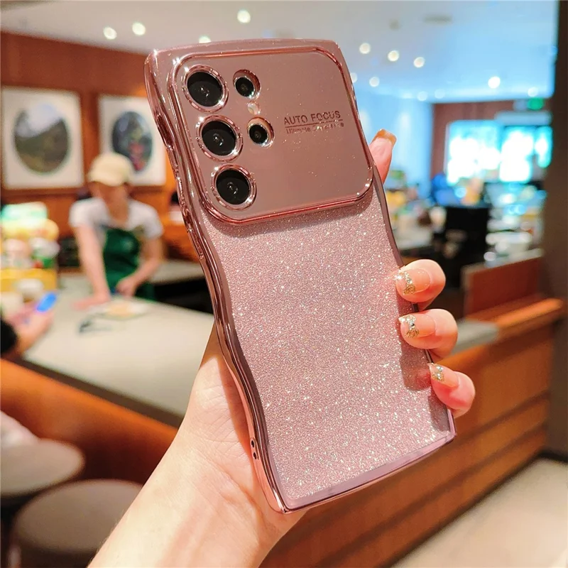 For Samsung Galaxy S25 Ultra Case Electroplating Curly Frame TPU Glitter Phone Cover Large Window - Rose Pink