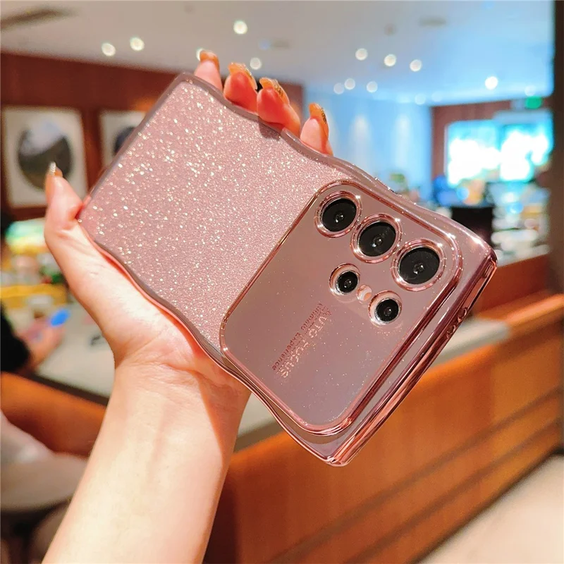 For Samsung Galaxy S25 Ultra Case Electroplating Curly Frame TPU Glitter Phone Cover Large Window - Rose Pink