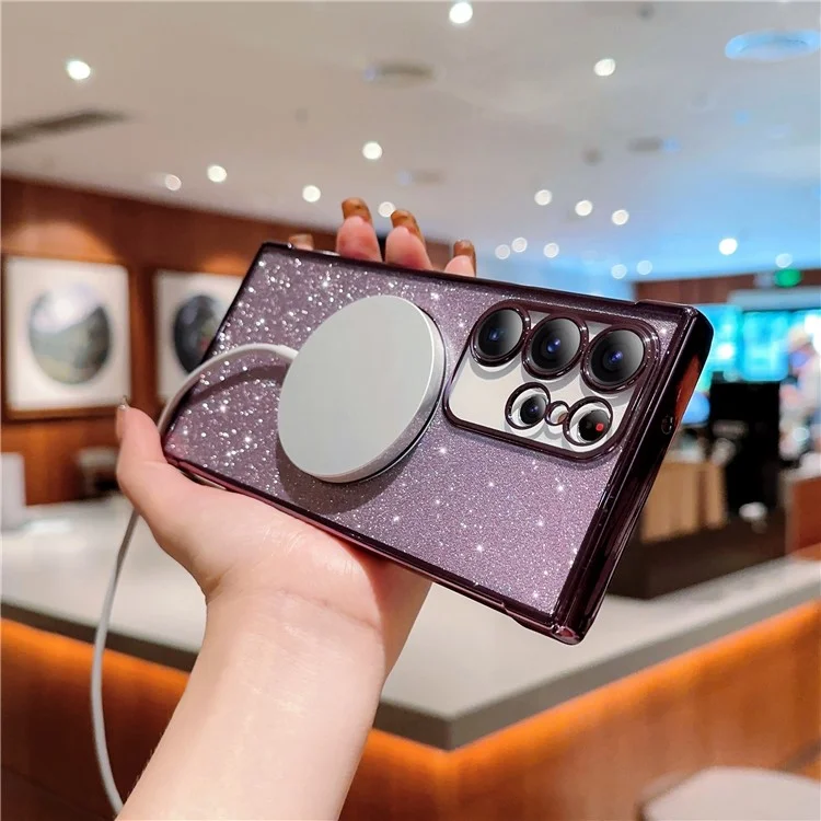 Für Samsung Galaxy S25 Ultra Hülle Elektroplattierung Glitzer TPU Klare Handyhülle Kompatibel mit MagSafe - Dunkelviolett