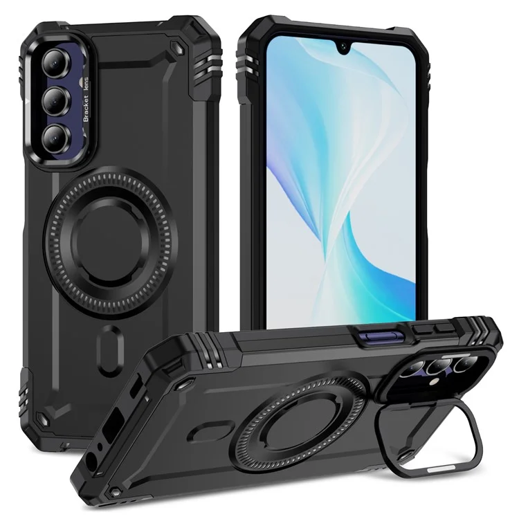 Für Samsung Galaxy A15 4G / 5G Hülle kompatibel mit MagSafe Metalllinsenrahmen Ständer PC+TPU Handy-Cover - Schwarz