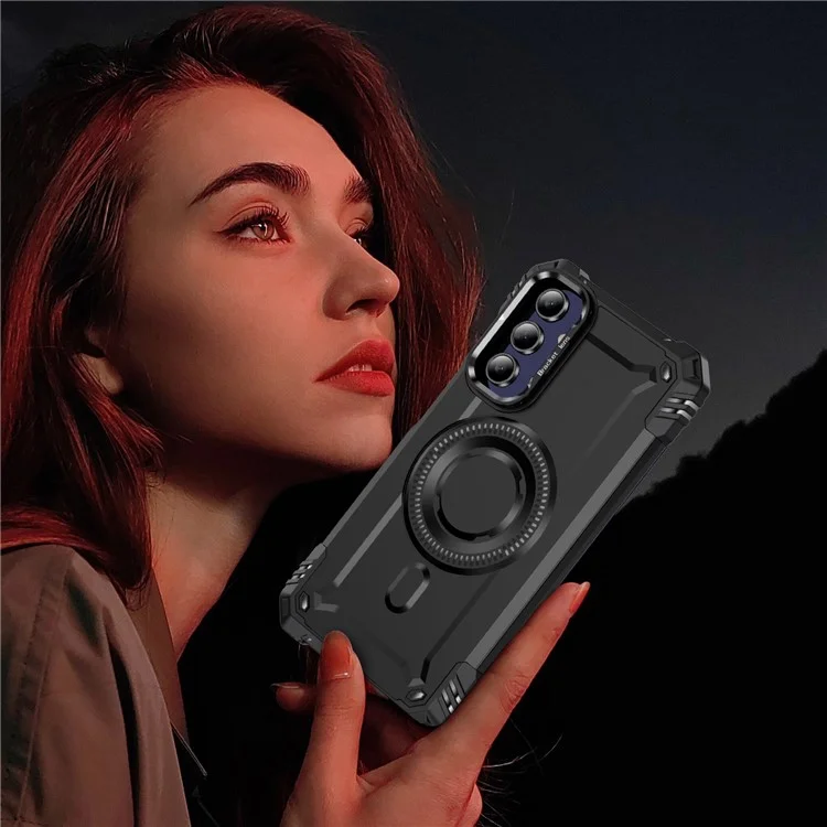 Für Samsung Galaxy A15 4G / 5G Hülle kompatibel mit MagSafe Metalllinsenrahmen Ständer PC+TPU Handy-Cover - Schwarz