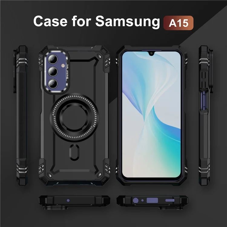 Für Samsung Galaxy A15 4G / 5G Hülle kompatibel mit MagSafe Metalllinsenrahmen Ständer PC+TPU Handy-Cover - Schwarz