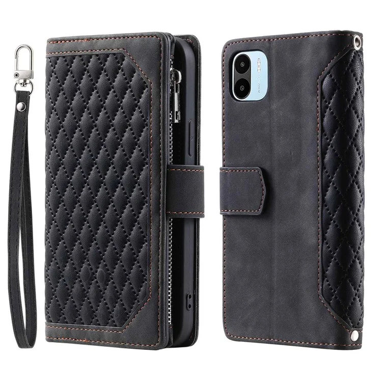 Case de Teléfono a Prueba de Choque Para Xiaomi Redmi A1 4G, 005 Handbag Magnetic Rhombus Impresión de la Cremallera Flip Flip Flip Soporte de Cuero Con Correa Para la Muñeca - Negro