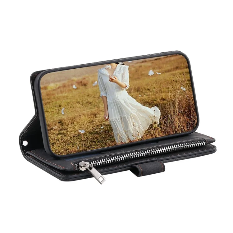 Case de Teléfono a Prueba de Choque Para Xiaomi Redmi A1 4G, 005 Handbag Magnetic Rhombus Impresión de la Cremallera Flip Flip Flip Soporte de Cuero Con Correa Para la Muñeca - Negro