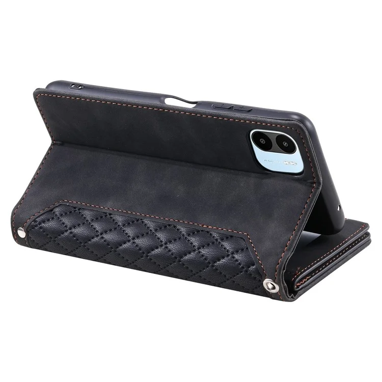 Case de Teléfono a Prueba de Choque Para Xiaomi Redmi A1 4G, 005 Handbag Magnetic Rhombus Impresión de la Cremallera Flip Flip Flip Soporte de Cuero Con Correa Para la Muñeca - Negro