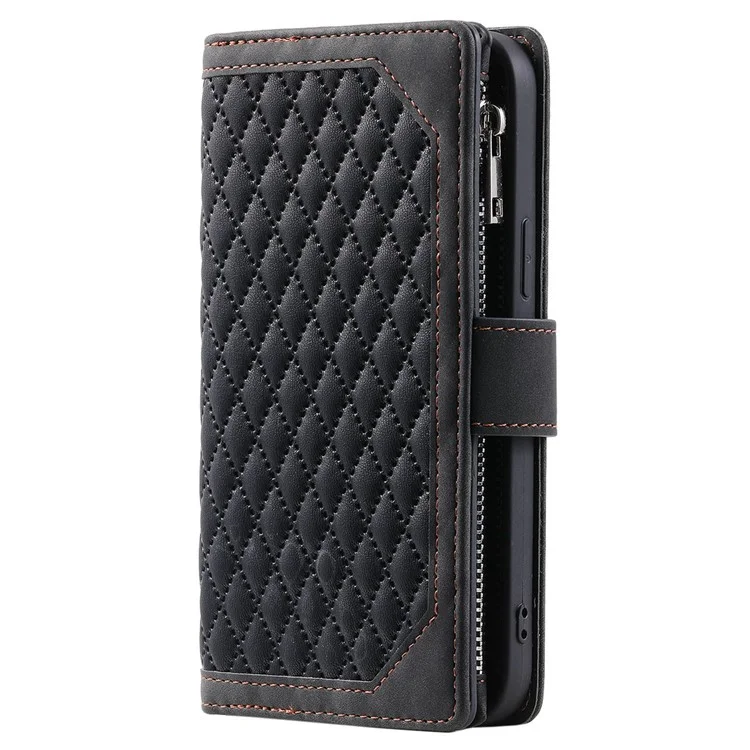 Case de Teléfono a Prueba de Choque Para Xiaomi Redmi A1 4G, 005 Handbag Magnetic Rhombus Impresión de la Cremallera Flip Flip Flip Soporte de Cuero Con Correa Para la Muñeca - Negro
