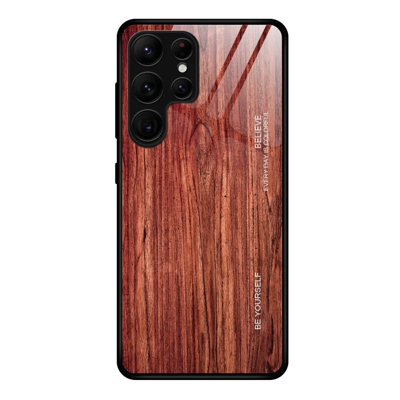 For Samsung Galaxy S25 Ultra Case TPU+Tempered Glass Back Phone Cover Wood Texture - Wine Red