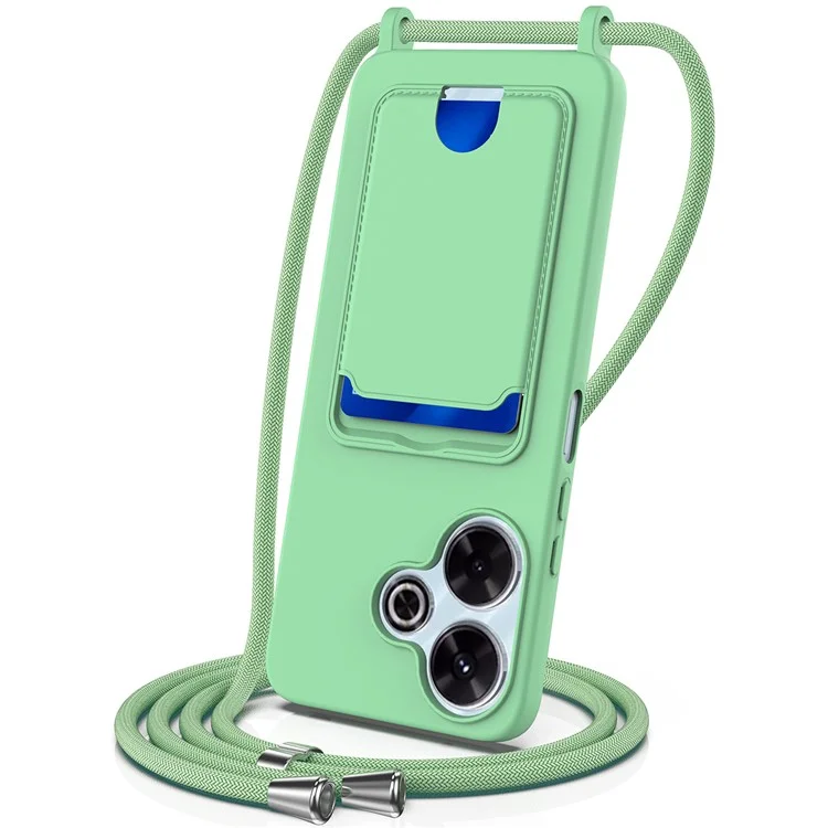 Custodia in silicone liquido per Xiaomi Redmi 13 4G / 5G / 13R 5G / Note 13R 5G / Poco M6 4G / M6 Plus 5G con porta carte e cordino - Verde