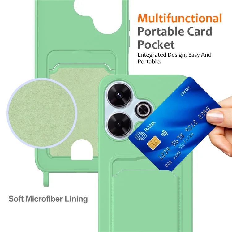 Custodia in silicone liquido per Xiaomi Redmi 13 4G / 5G / 13R 5G / Note 13R 5G / Poco M6 4G / M6 Plus 5G con porta carte e cordino - Verde