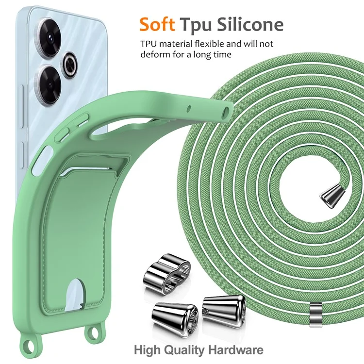Custodia in silicone liquido per Xiaomi Redmi 13 4G / 5G / 13R 5G / Note 13R 5G / Poco M6 4G / M6 Plus 5G con porta carte e cordino - Verde