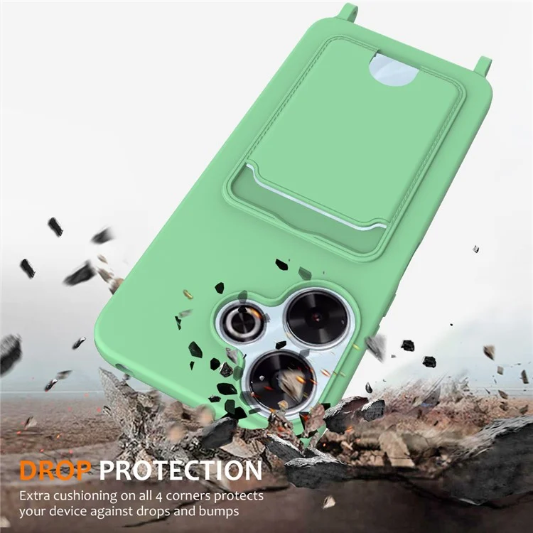 Custodia in silicone liquido per Xiaomi Redmi 13 4G / 5G / 13R 5G / Note 13R 5G / Poco M6 4G / M6 Plus 5G con porta carte e cordino - Verde