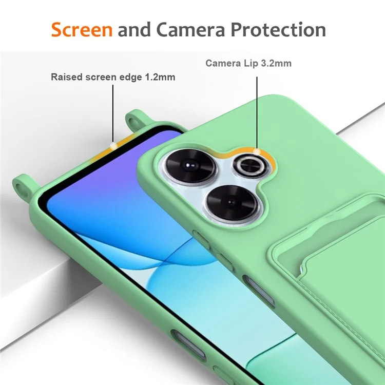 Custodia in silicone liquido per Xiaomi Redmi 13 4G / 5G / 13R 5G / Note 13R 5G / Poco M6 4G / M6 Plus 5G con porta carte e cordino - Verde